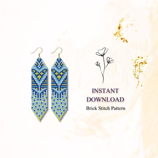 Brick Stich Muster, Blau Gelb Rocailles Perlen Ohrringe Muster, Fransen Perlen Brickstitch Muster, Schmuckherstellung, Do It Yourself, Download