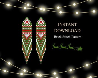 Puede incluir: Pendientes de Navidad de cuentas verdes, rojas y blancas con un diseño de copo de nieve. DESCARGA INSTANTÁNEA Patrón de punto de ladrillo.