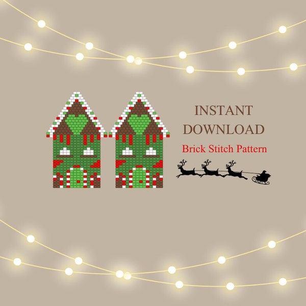 Brick Stitch Pattern, Christmas House Seed Bead Earring Pattern, New Year Beading Brickstitch patern Fringe, Do it Yourself,Digital Download