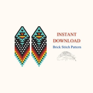 May include: A pair of beaded earrings with a geometric pattern in shades of blue, black, red, yellow, and orange. The earrings are designed in a brick stitch pattern. INSTANT DOWNLOAD Brick Stitch Pattern.