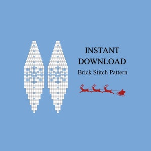 May include: A digital pattern for beaded snowflake earrings. The pattern is for brick stitch and features a white snowflake on a blue background. The text "INSTANT DOWNLOAD Brick Stitch Pattern" is also included in the image.