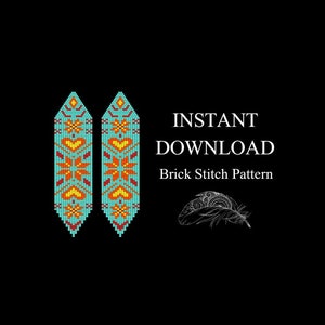 May include: A pair of turquoise beaded earrings with a geometric pattern in orange, yellow, and red. The earrings are in the shape of a teardrop and have a brick stitch pattern. The text "INSTANT DOWNLOAD Brick Stitch Pattern" is also visible in the image.