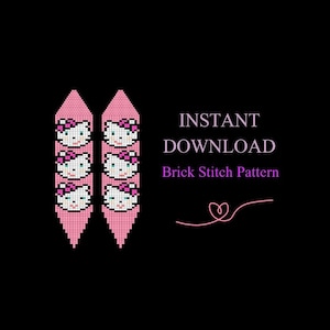 Könnte beinhalten: Ein digitales Muster für Ziegel-Stickerei mit rosa Hintergrund und fünf Reihen von Hello Kitty-Gesichtern. Der Text "INSTANT DOWNLOAD Brick Stitch Pattern" befindet sich oben im Bild.