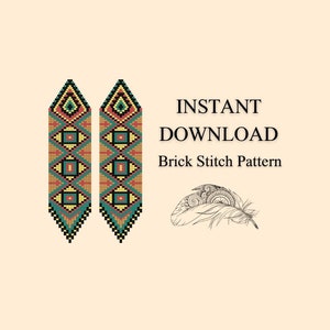 May include: A digital pattern for beaded earrings. The pattern features a geometric design with black, yellow, red, green, and blue beads. The pattern is for brick stitch beading. The text "INSTANT DOWNLOAD Brick Stitch Pattern" is included in the image.