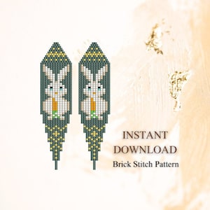 May include: A pair of beaded earrings featuring a green, yellow and white bunny design. The earrings are made with brick stitch and have a long, dangling shape. INSTANT DOWNLOAD Brick Stitch Pattern.