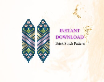 May include: A digital pattern for brick stitch earrings. The earrings are long and narrow, with a blue, purple, green, and pink color scheme. The pattern is available for instant download.  INSTANT DOWNLOAD Brick Stitch Pattern