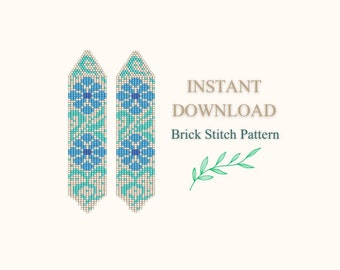 May include: A digital pattern for beaded earrings with a floral design. The earrings are made with blue, green, and white beads. The pattern is for brick stitch beading. The text "INSTANT DOWNLOAD Brick Stitch Pattern" is included in the image.
