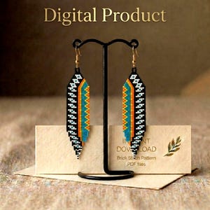 May include: Beaded feather earrings in black, white, orange, and turquoise, presented on a black stand. The image includes the text "Digital Product" at the top. A card below reads "Instant Download" and "Brick Stitch Pattern PDF files."