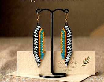 May include: A pair of beaded feather earrings with a black, white, orange, and turquoise pattern, displayed on a black stand. The words "Digital Product" are at the top. A card below reads "Instant Download" and "Brick Stitch Pattern PDF files."