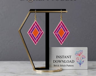 Rhombus Brick Stitch Earrings Pattern, Boho Seed Bead DIY Jewelry (Digital Download)