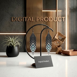 May include: A pair of black beaded earrings with white and teal geometric patterns, hanging on a black display stand. The earrings are long and have a dangling design. The words "DIGITAL PRODUCT" are visible, and a card reads "Digital Product".