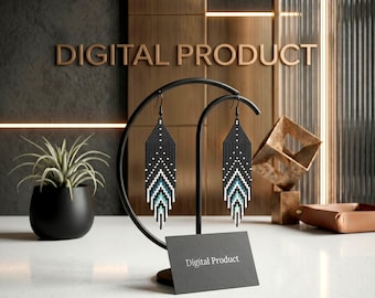 May include: Black beaded earrings with a geometric design in white and teal, displayed on a black stand. The earrings are long and dangle. The words "DIGITAL PRODUCT" are in the background, and a card that says "Digital Product" is in the foreground.