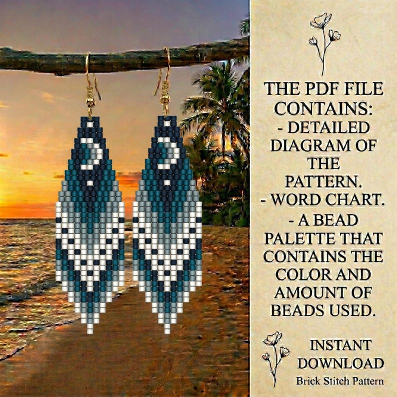 Brick Stitch Pattern, Seed Bead Earring Pattern, Fringe Earrings, Beading Brickstitch pattern, Jewelry Making, Do It Yourself, Brick stitch pattern, bead earring pattern, seed bead pattern, brick stitch earring, brickstitch pattern, fringe pattern, digital download, delica bead pattern, beading pattern, unique earrings, earrings template, moon earring pattern, beadwork tutorial