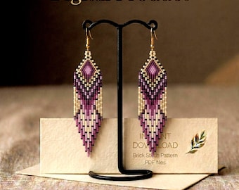May include: A pair of long, diamond-shaped beaded earrings featuring a geometric pattern in shades of purple, cream, and dark brown. The earrings hang from a black metal stand. Text on the card reads Digital Product, INSTANT DOWNLOAD, Brick Stitch Pattern PDF files.