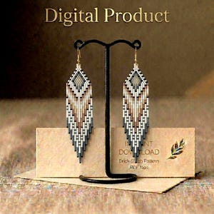 May include: Digital product image featuring two beaded earrings in a feather design, displayed on a black stand. The earrings have a geometric pattern in shades of gray, white, and tan. The words "Instant Download" and "Brick Stitch Pattern PDF files" are visible.