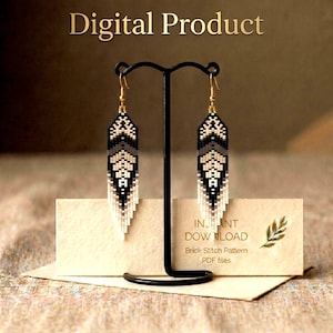 May include: A pair of black, white, and grey beaded earrings with a geometric pattern, displayed on a black stand. The earrings are long and rectangular with a feather shape. The words "Digital Product" are at the top of the image.