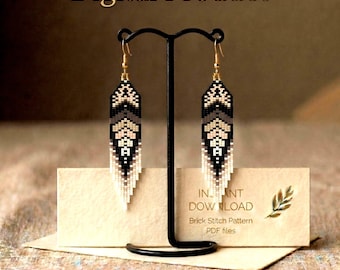May include: Black, white, and gray beaded earrings with a geometric design are displayed on a black stand. The earrings are long and rectangular with a feather-like shape. The words "Digital Product" are at the top of the image.