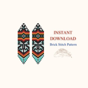 May include: A pair of long, beaded earrings with a geometric pattern in black, white, red, orange, blue, and turquoise. The earrings are designed in a brick stitch pattern. The text "INSTANT DOWNLOAD Brick Stitch Pattern" is visible in the image.