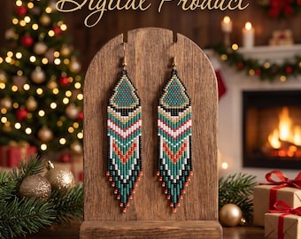 Patrón de pendientes de cuentas con forma de árbol de Navidad, puntada de ladrillo con flecos estilo boho (descarga digital)
