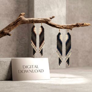 May include: Two pairs of long, dangling beaded earrings featuring a geometric gradient pattern. One pair transitions from cream to black, while the other shifts from cream to deep blue. A rectangular card with the text DIGITAL DOWNLOAD is present.
