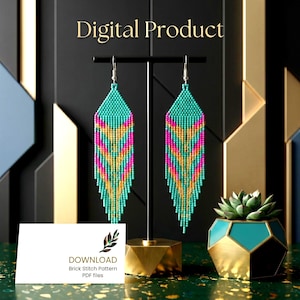 Patrón de pendientes con flecos de cuentas de colores, estilo bohemio con puntada de ladrillo (descarga en PDF)