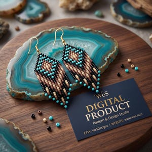 May include: A pair of geometric beaded earrings featuring a diamond-shaped pattern in black, turquoise, and tan seed beads with gold-tone hooks. A dark blue business card displays the text WeS DIGITAL PRODUCT Pattern & Design Studio.