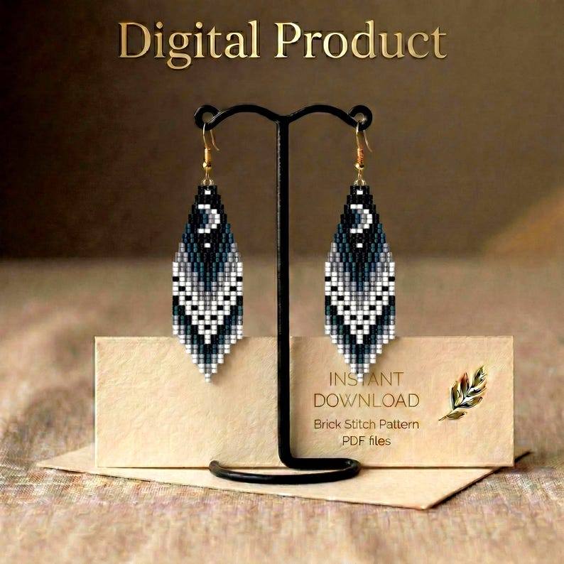 Brick Stitch Pattern, Seed Bead Earring Pattern, Fringe Earrings, Beading Brickstitch pattern, Jewelry Making, Do It Yourself, Brick stitch pattern, bead earring pattern, seed bead pattern, brick stitch earring, brickstitch pattern, fringe pattern, digital download, delica bead pattern, beading pattern, unique earrings, earrings template, moon earring pattern, beadwork tutorial
