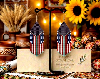 USA Flag Seed Bead Earring Pattern, Patriotic Fringe, Brick Stitch (PDF Digital Download)