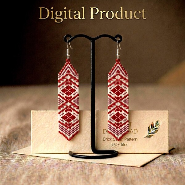 Brick Stitch Earring Pattern, Seed Bead Fringe, Ukrainian Ethnic Design (Digital Download pdf)
