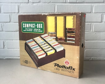 Étagère à cassettes vintage années 70, Plattofix, boîte Wittner Compact, boîte à cassettes, ruban adhésif, MC, insert de tiroir
