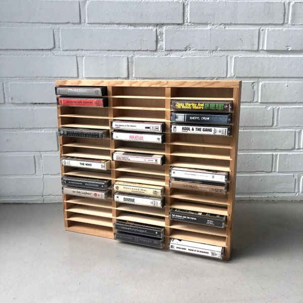 Cassette shelf, wood, for 45 cassettes, 70s, vintage cassette box, MC, tape