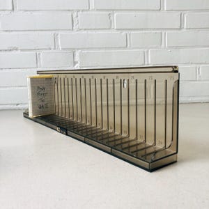 Long cassette shelf &quot;KNOWIN&quot;, 70s, brown, vintage cassette box, tape, MC, cassette stand