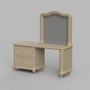 Puede incluir: Un tocador beige con espejo. El escritorio tiene dos cajones con tallas decorativas y un marco de espejo curvo. El escritorio está sostenido por cuatro patas pequeñas y redondeadas. El espejo es rectangular con una superficie gris.
