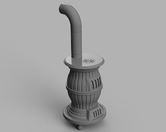 May include: A gray cast iron wood-burning stove with a round base and a tall chimney. The stove has a door with a decorative design and a round top with a small vent.