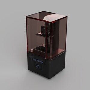 May include: A red and black 3D printer with a clear plastic enclosure. The printer has a label that says "3D PRINTER" and "DLP PRINTER".