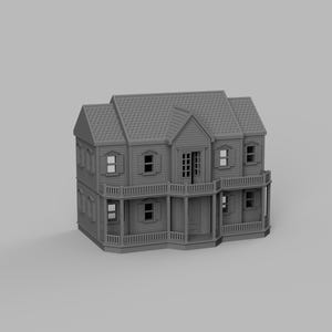 May include: A gray, two-story dollhouse with a porch and balcony. The house has multiple windows with shutters, a detailed roof, and a front door with a small balcony. The design is reminiscent of a classic American home.