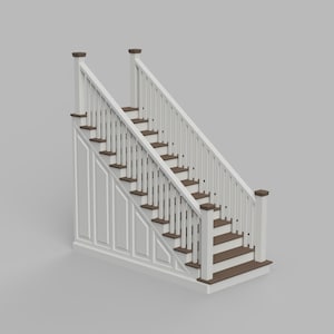 Puede incluir: Una escalera con peldaños de madera marrón oscuro y contrahuellas blancas. La estructura incluye balaustres verticales blancos, un pasamanos blanco a juego y postes cuadrados con remates en marrón oscuro. El panel lateral muestra molduras.