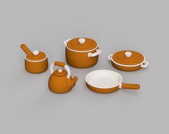 3MF & STL File - 1/12 Scale Cookware Set (5 piece) for Dollhouses