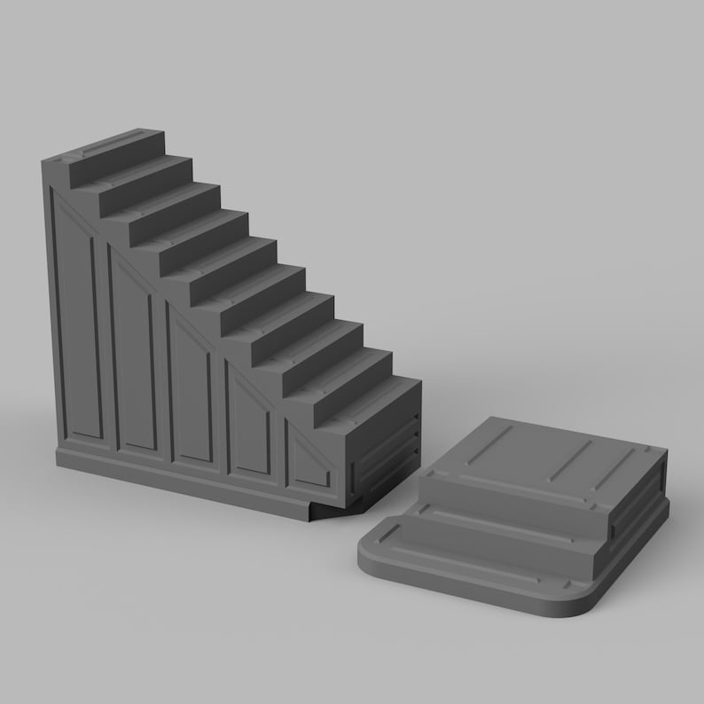 May include: A gray, miniature staircase with 10 steps and a matching two-step platform. The staircase has a decorative panel design on the side and is made of a solid, matte material. The platform is separate from the staircase.