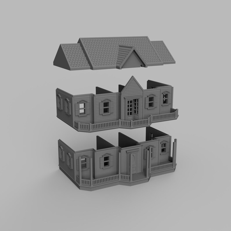 May include: A gray, three-dimensional model of a house, disassembled into its components: roof, walls, and facade. The walls feature windows, doors, and balconies. The roof has a textured, shingle-like appearance.