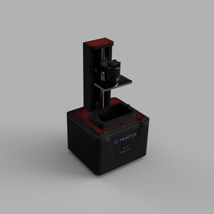 May include: A black 3D printer with a red base and a black and silver print head. The printer is labeled "3D PRINTER" and "DLP PRINTER".