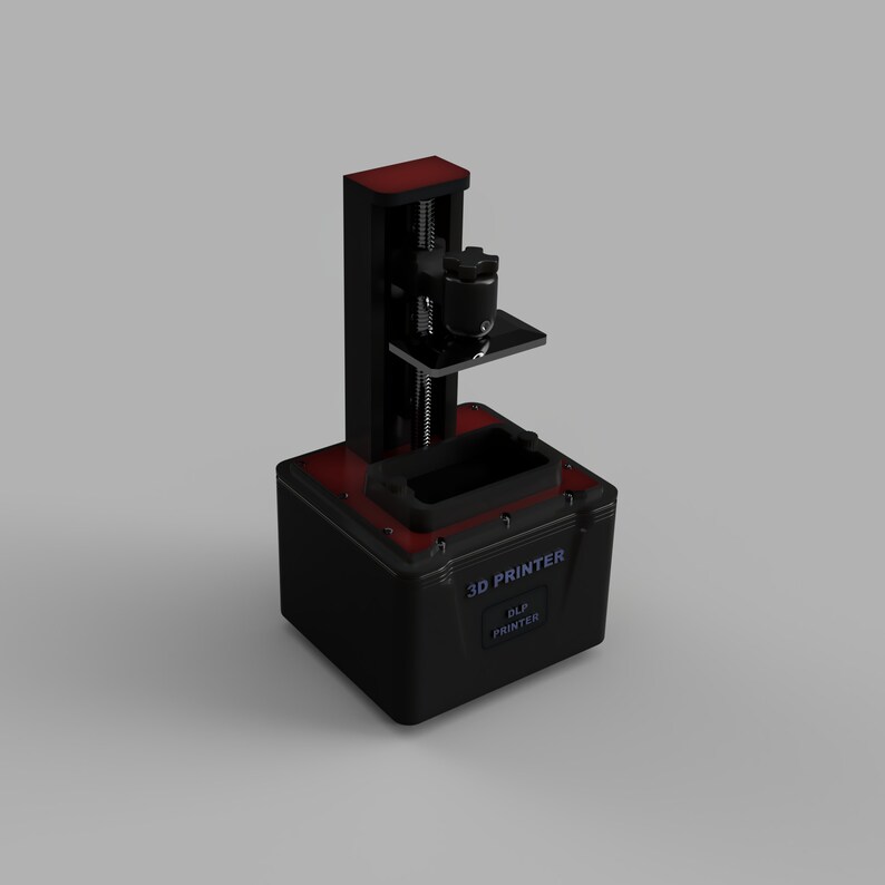 May include: A black 3D printer with a red base and a black and silver print head. The printer is labeled "3D PRINTER" and "DLP PRINTER".
