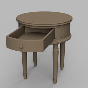May include: A brown wooden end table with a single drawer that is open. The table has a round top and four legs.