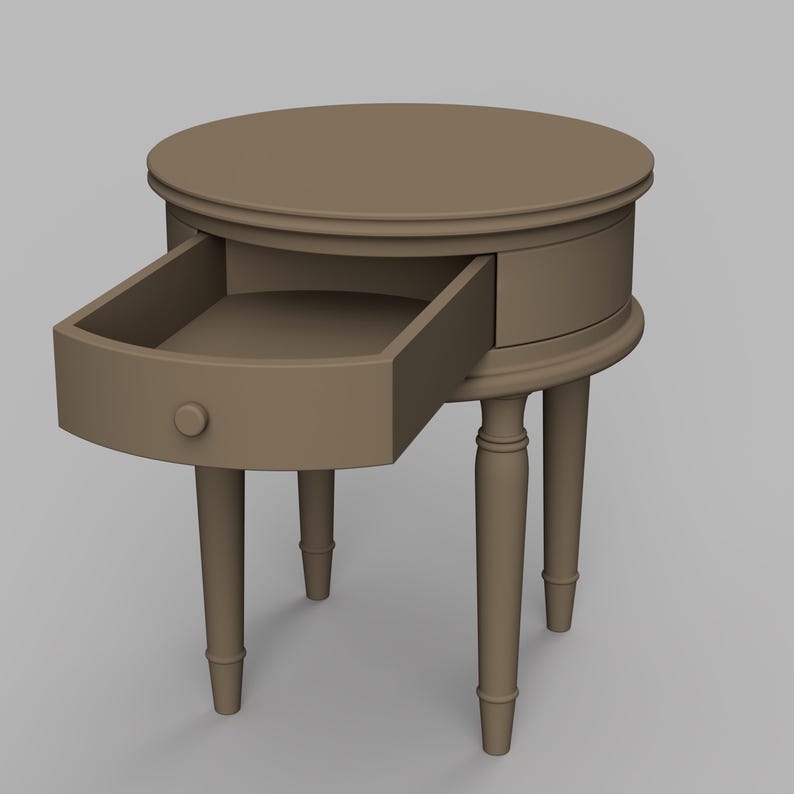 May include: A brown wooden end table with a single drawer that is open. The table has a round top and four legs.