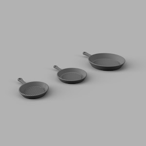 STL ファイル - ドールハウスやミニチュア プロジェクト用の 1/6 および 1/12 スケール鋳鉄製フライパン STL セット (商用ライセンス)