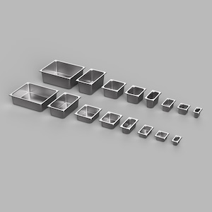 STL-bestand: miniatuur gastronormcontainer, schaal 1/12, STL-set (16 maten) voor poppenhuizen en miniatuurprojecten (commerciële licentie)
