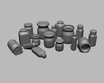 STL File - 1/12 And 1/6 Scale Miniature Jar and Bottle Set (16 piece) for Dollhouses and Miniature Projects  (commercial license)