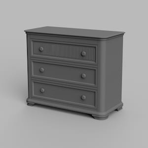 May include: A gray wooden dresser with three drawers and decorative trim. The dresser has a slightly curved front and rounded edges.