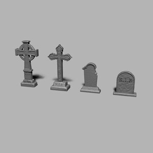 May include: Four different styles of gray stone grave markers. Two are crosses, one is a simple headstone with the inscription "R.I.P." and the other is a more ornate headstone with a broken top.