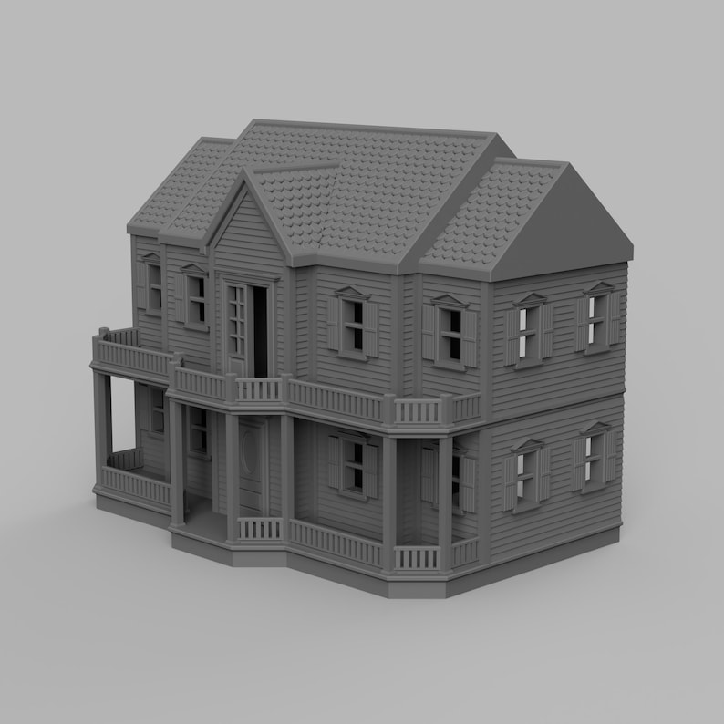May include: A gray, two-story dollhouse with a gabled roof, multiple windows, and a front porch. The house has detailed siding and shutters, and a small balcony. The overall design is reminiscent of a classic American home.